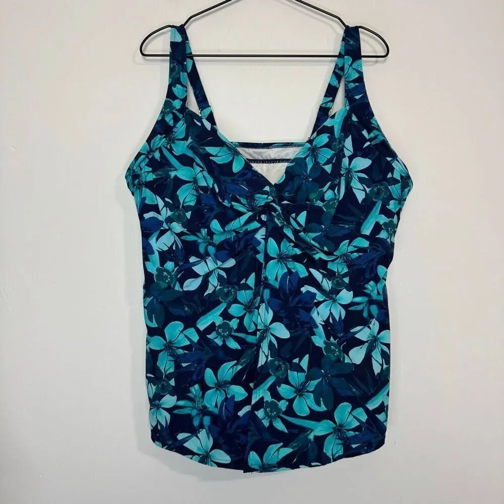 Lands End Navy Blue Floral Fly Away Tankini Top 24W